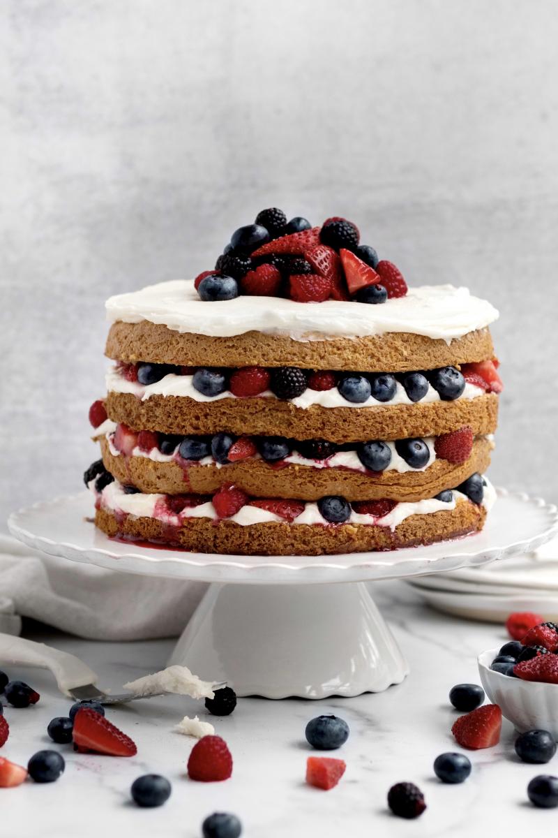 A close-up of this three-layer berry cake