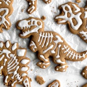 A gluten free tyrannosaurus cookie with icing for bones.