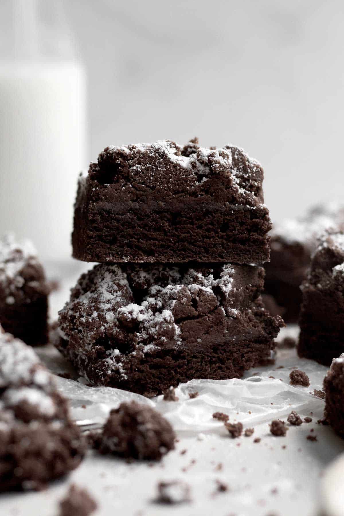 Two buttery, dark and delicious Chocolate Crumb Cakes stacked on top of each other.