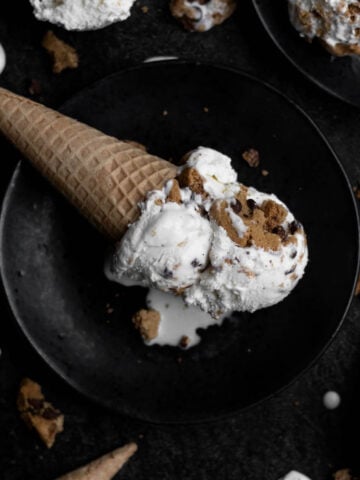 Chocolate Chip Cookie Ice Cream in a gluten free waffle cone.