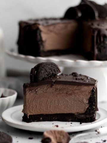 A slice of gluten free and nut free Triple Chocolate Cheesecake.