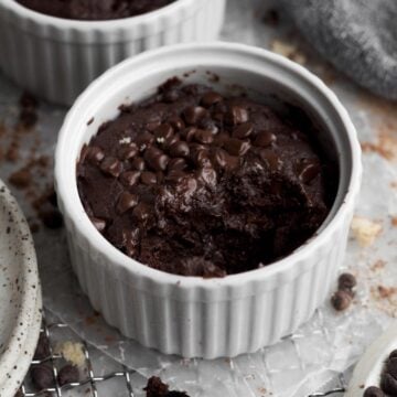a warm, gooey, chocolate interior is revealed in the decadent easy chocolate mug cake.