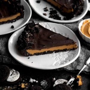 Wow Butter Chocolate Tart with distinct layers of ganache, Wow Butter and sandwich cookie crust.