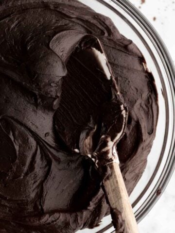 Looking at the dark paste of the the chocolate fudge frosting.