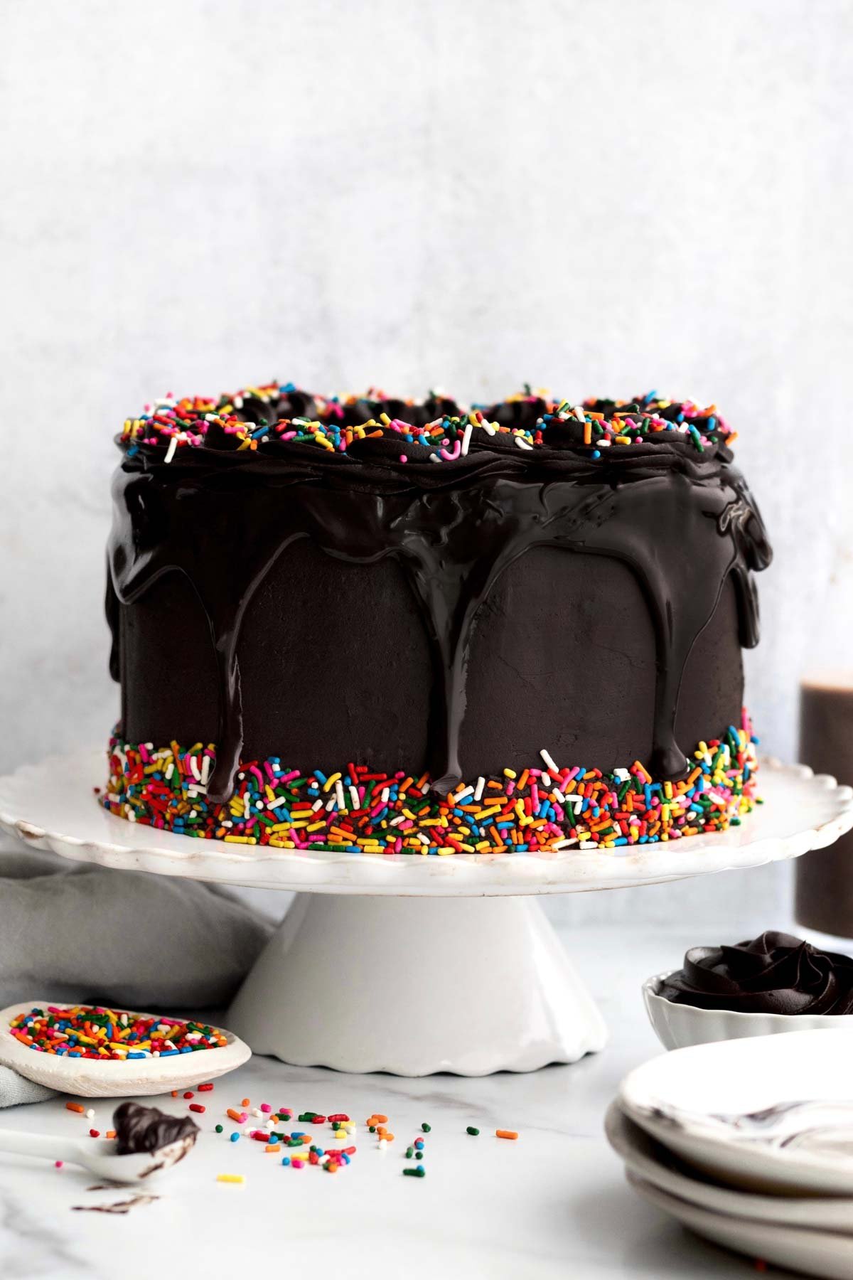 A Chocolate Sprinkle Cake on a cake stand.