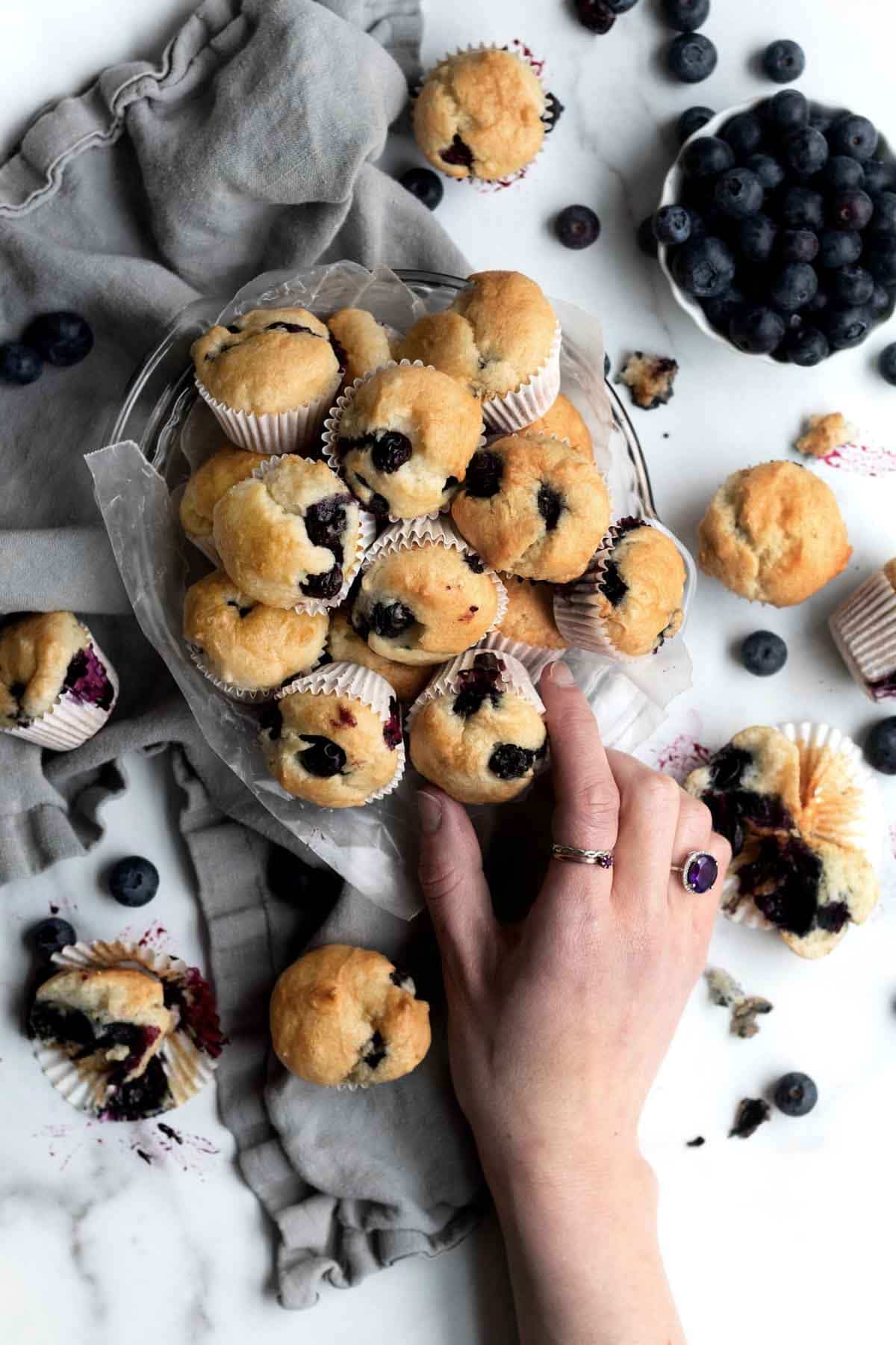 A hand grabs a Gluten Free Blueberry Muffin from a bowl.