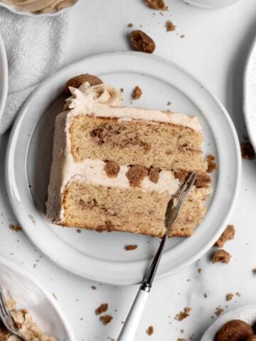 Patches of cinnamon sugar dot this slice of Snickerdoodle layer cake.