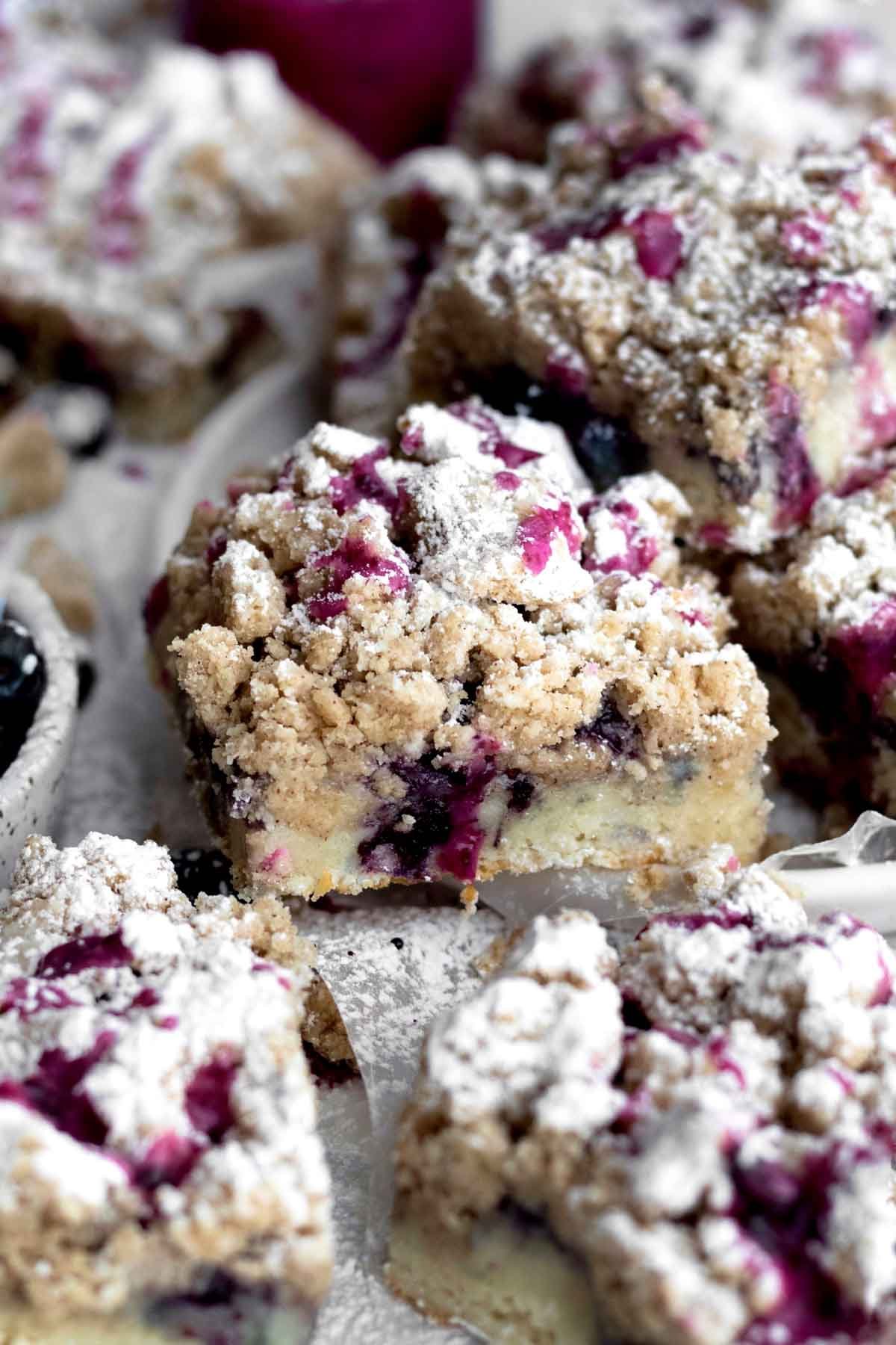 A 45 degree angle of gluten free Blueberry Crumb Cakes.
