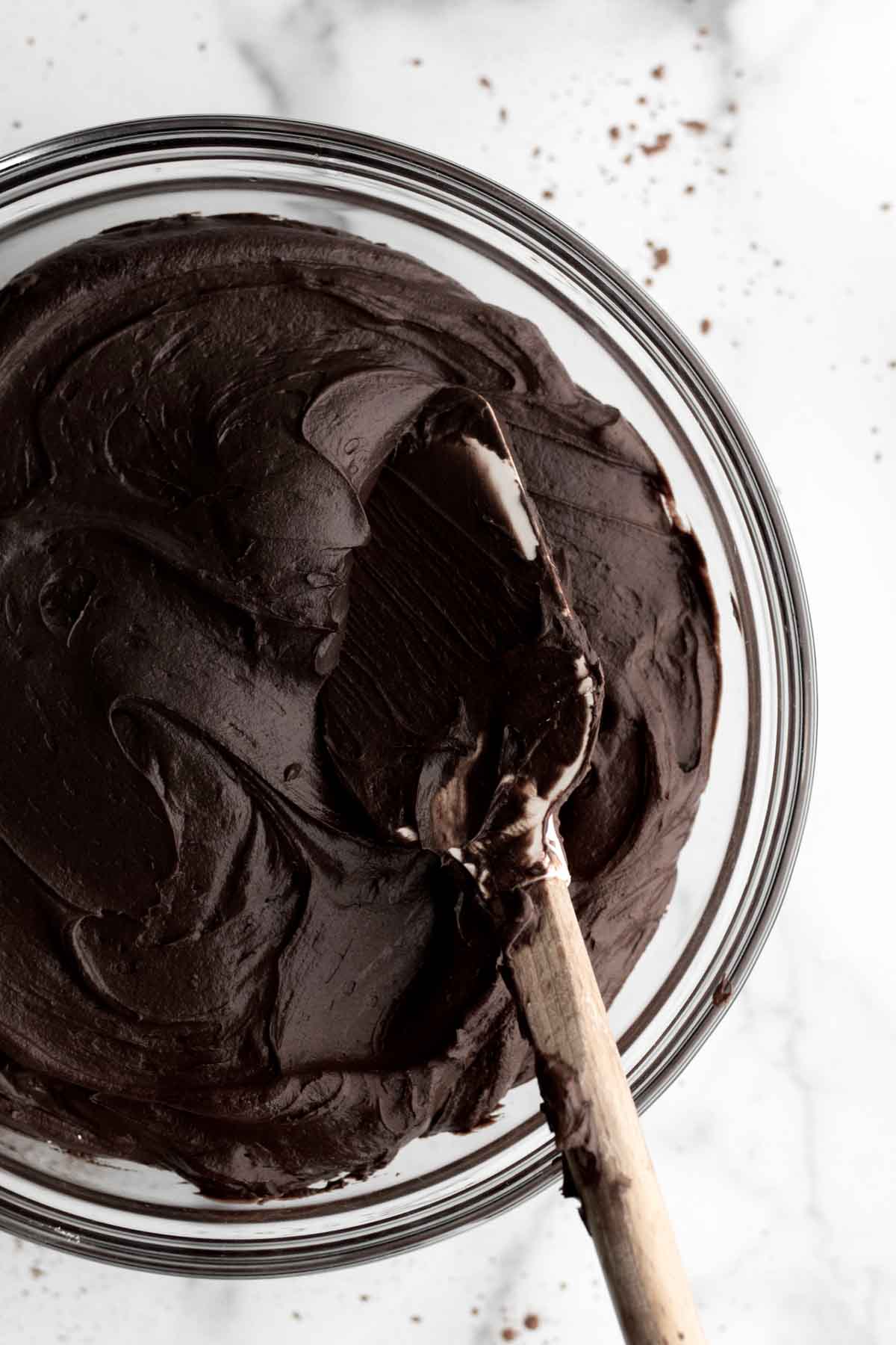 A look at the creamy chocolate frosting in a bowl.