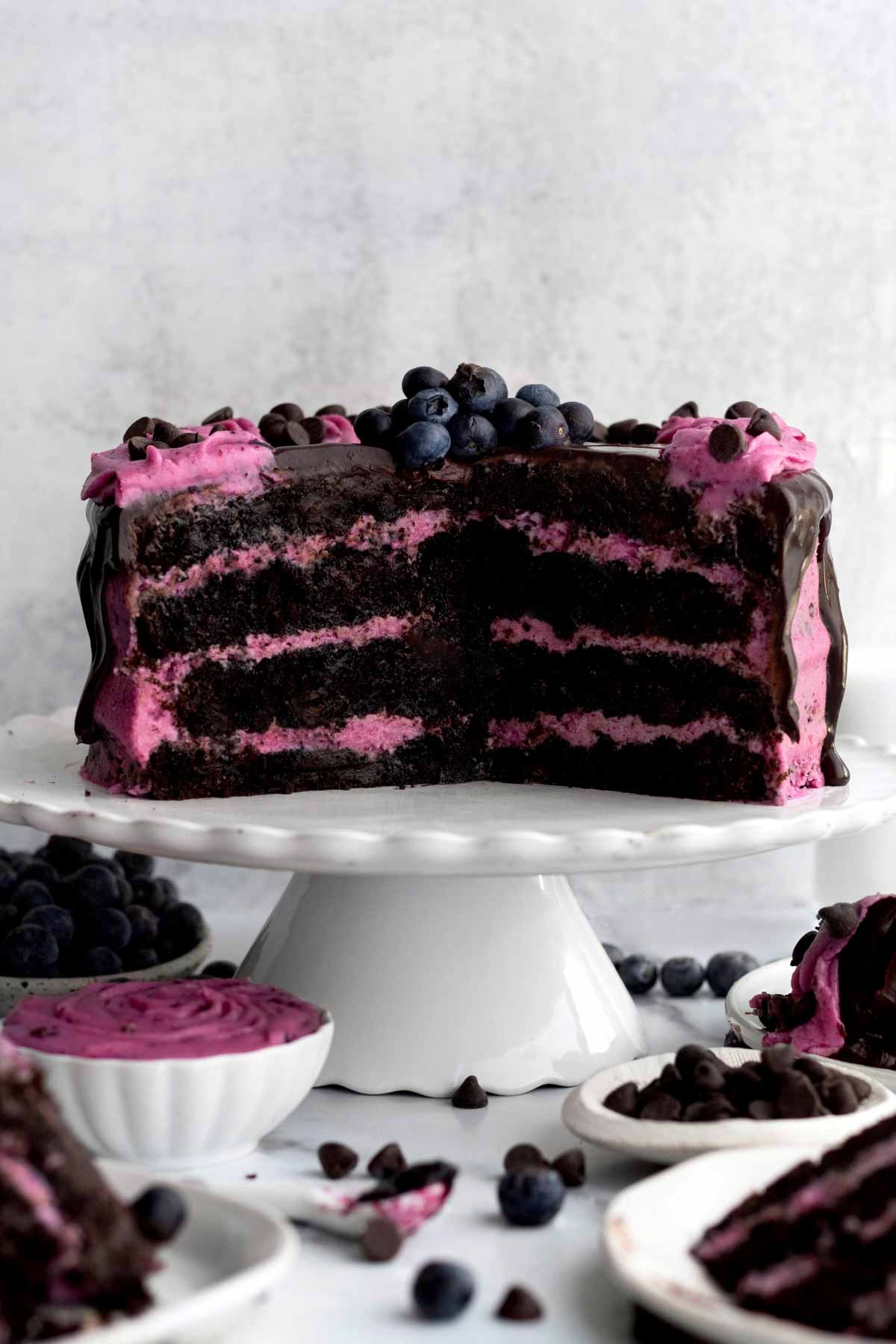 A look at the inside layers of cake and blueberry frosting.