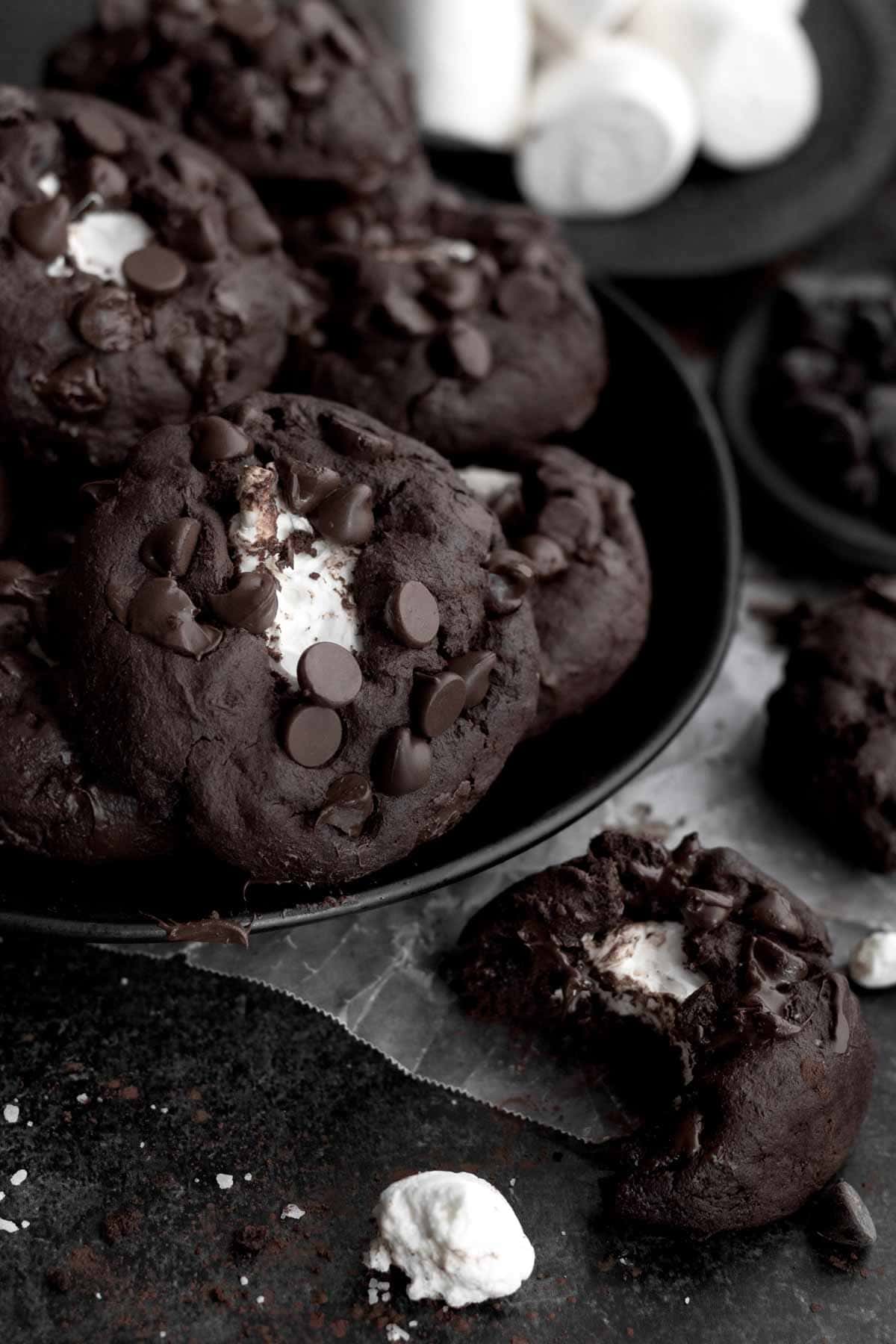 A plate of gluten free chocolate marshmallow cookies sits seductively.
