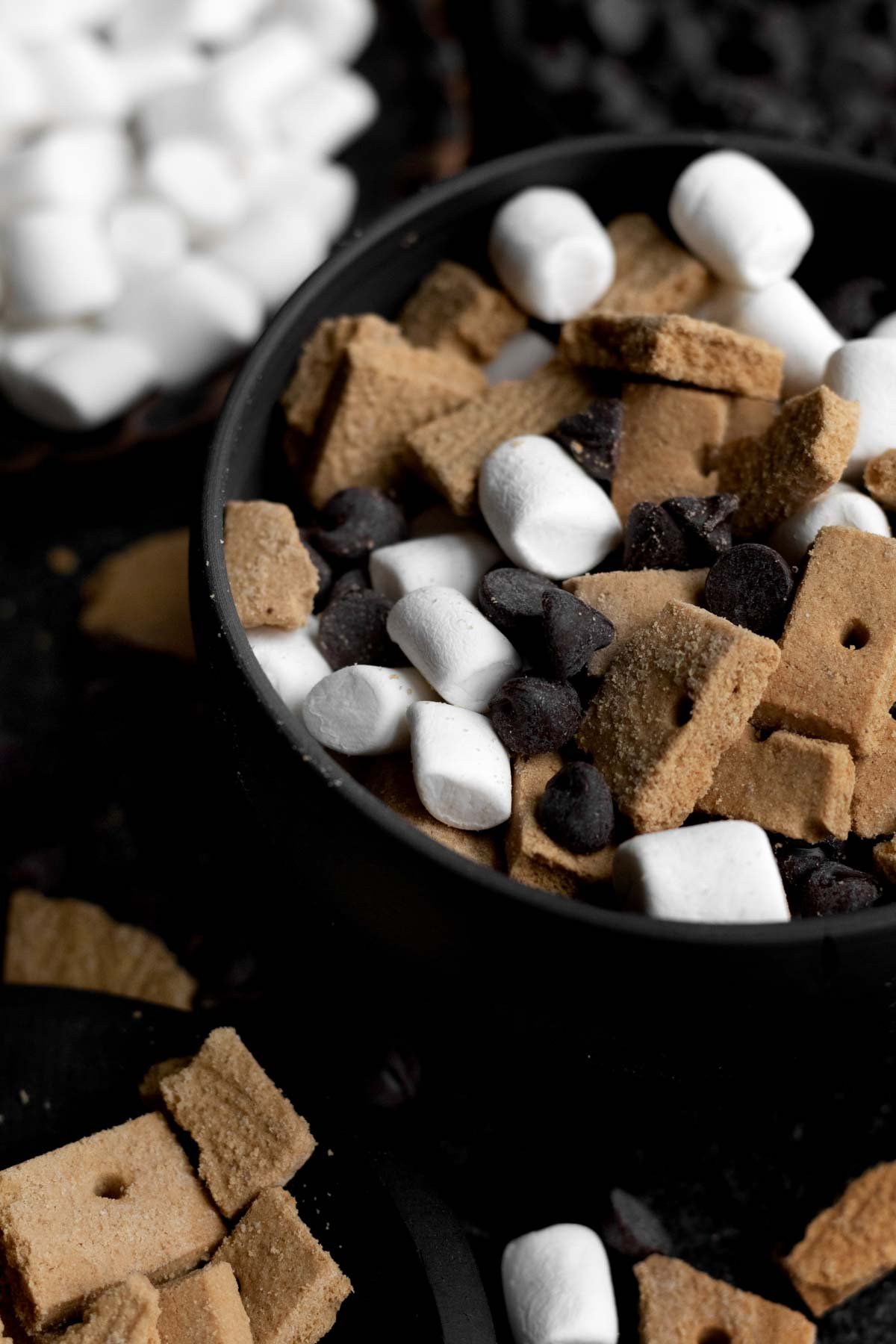 A closer look at the bowl of S'mores Snack Mix.