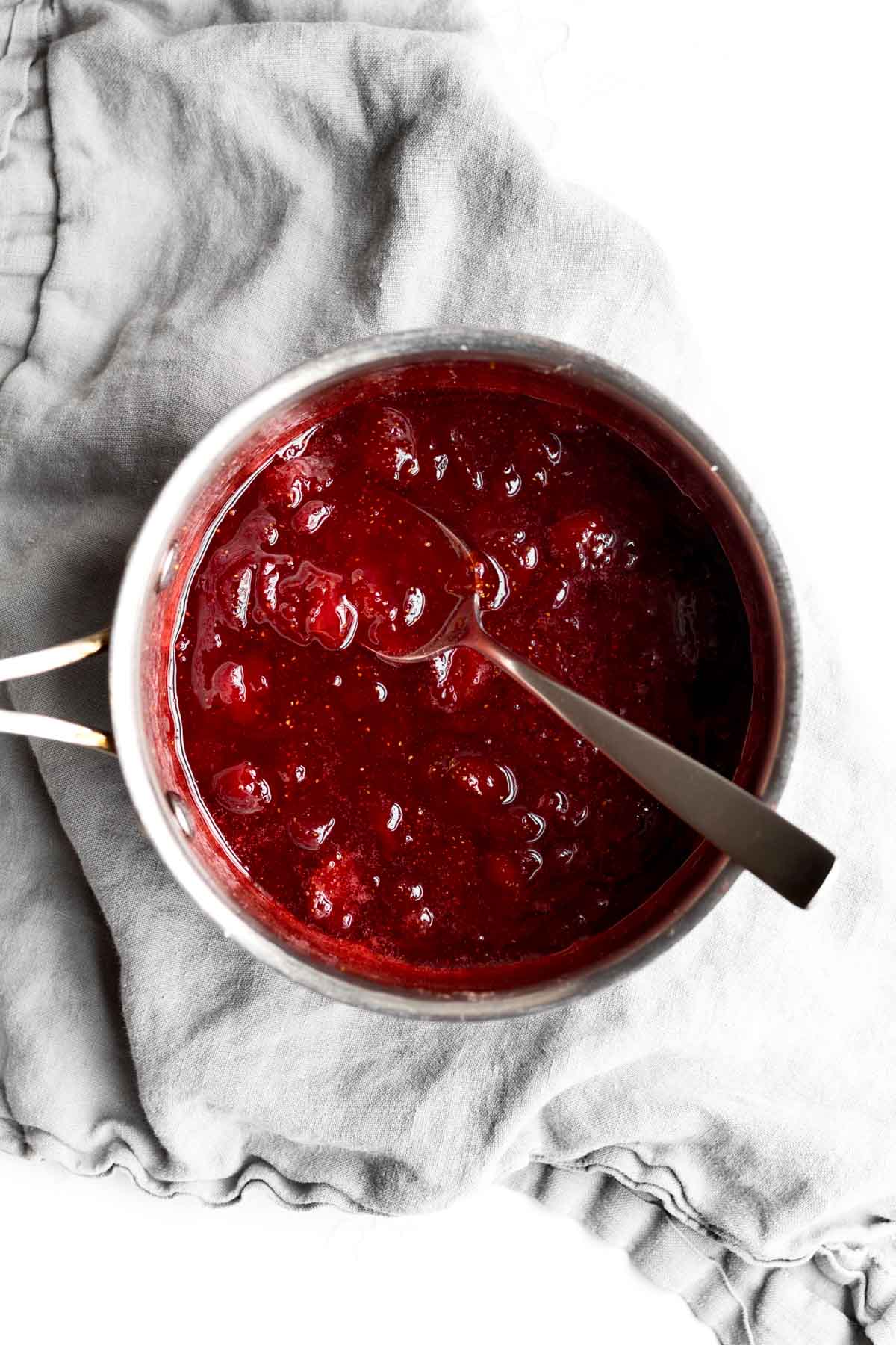 Bright red strawberry sauce cooked perfectly.