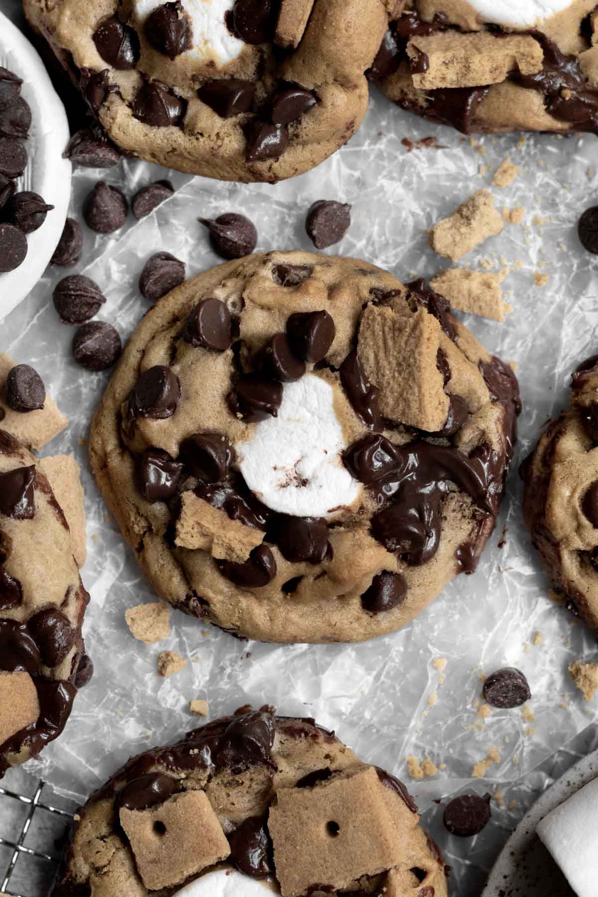 Looking down at the gluten free cookie on parchment paper.