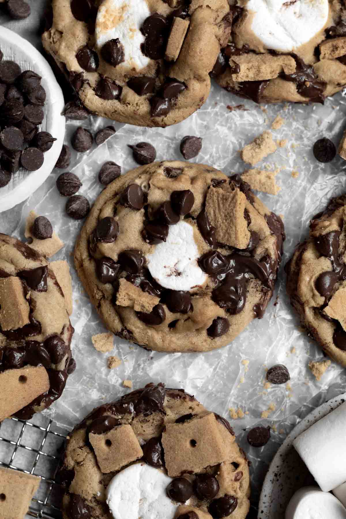 S'mores cookies arranged on paper.