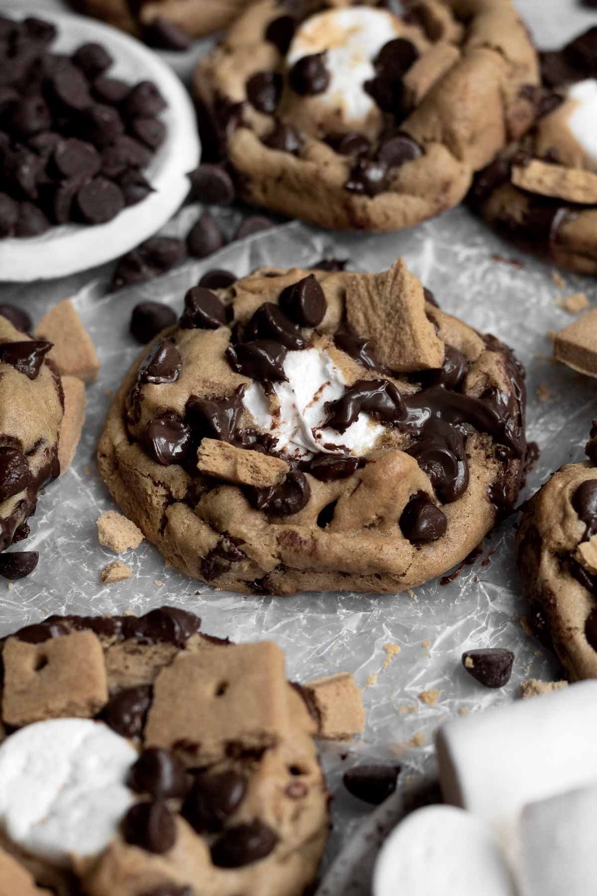 A whole cookie with a warm marshmallow center.