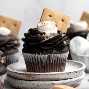 A toasted marshmallow and graham cracker sits atop a chocolate frosted cupcake.