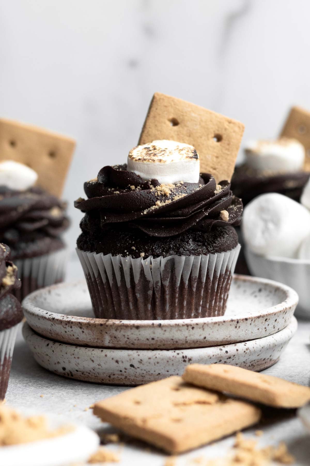 A toasted marshmallow and graham cracker sits atop a chocolate frosted cupcake.