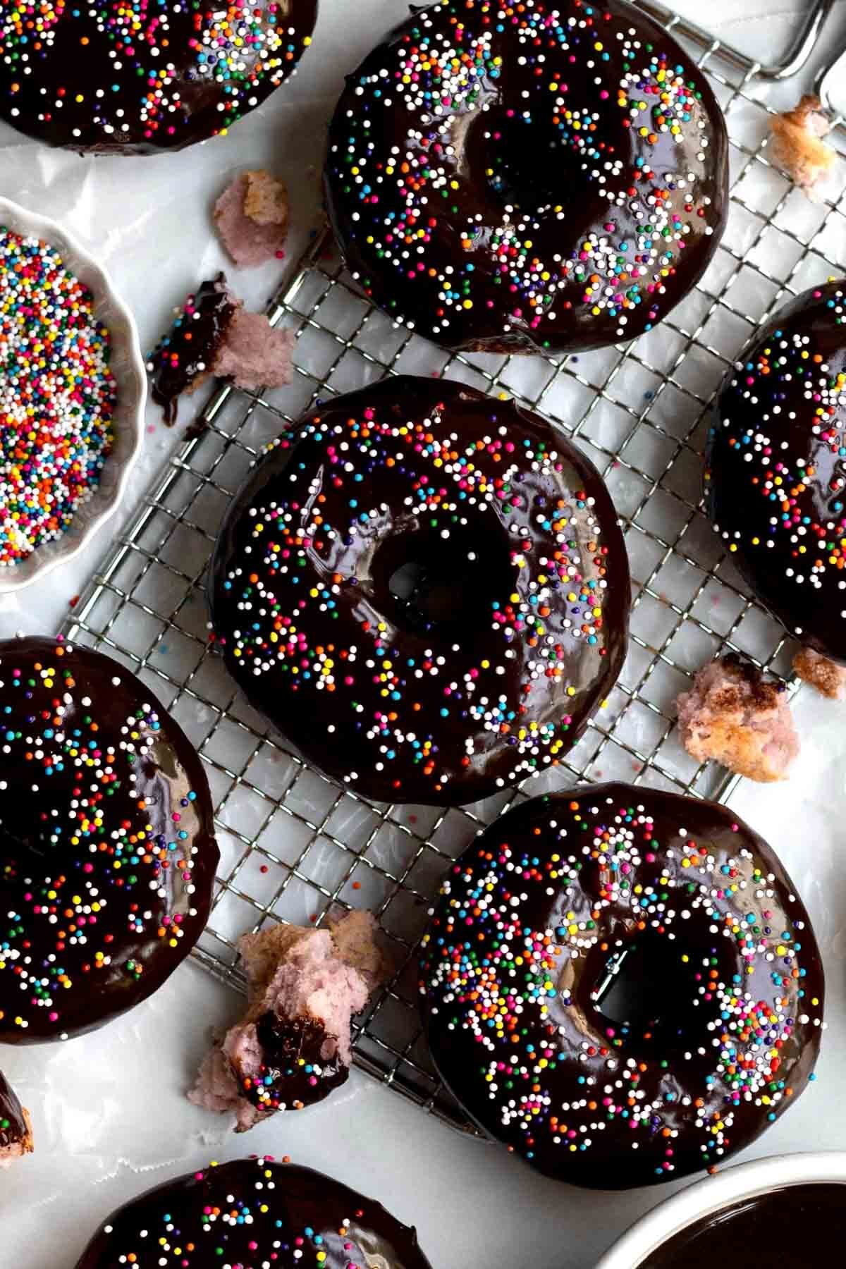 Rainbow nonpareils dot chocolate ganache covered donuts.