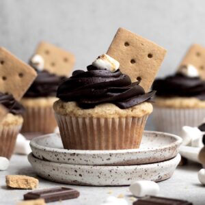 A S'mores Cupcake with toasted marshmallow flagged by a graham cracker.