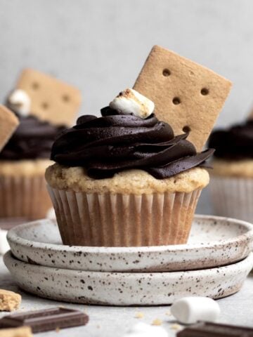 A S'mores Cupcake with toasted marshmallow flagged by a graham cracker.