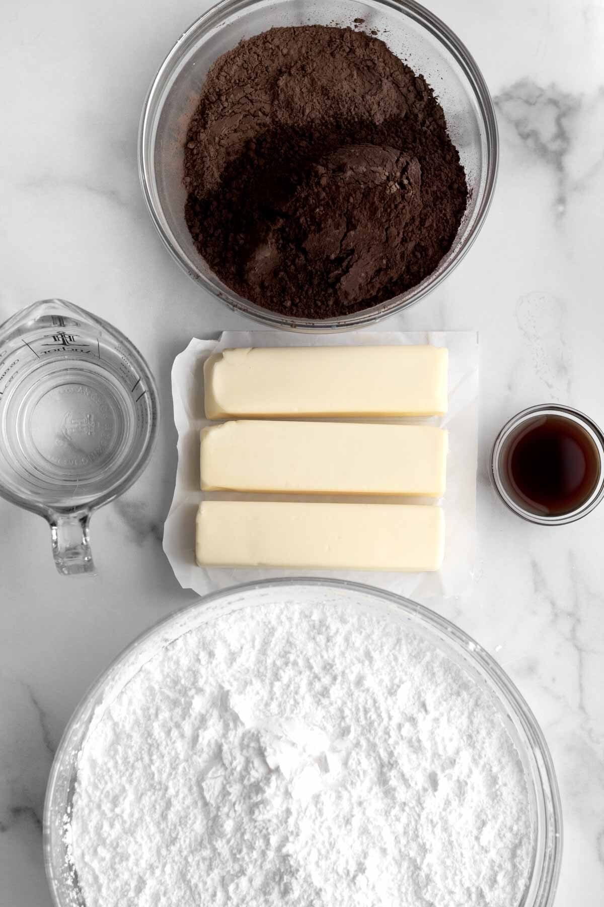 The ingredients for Chocolate Fudge Frosting.