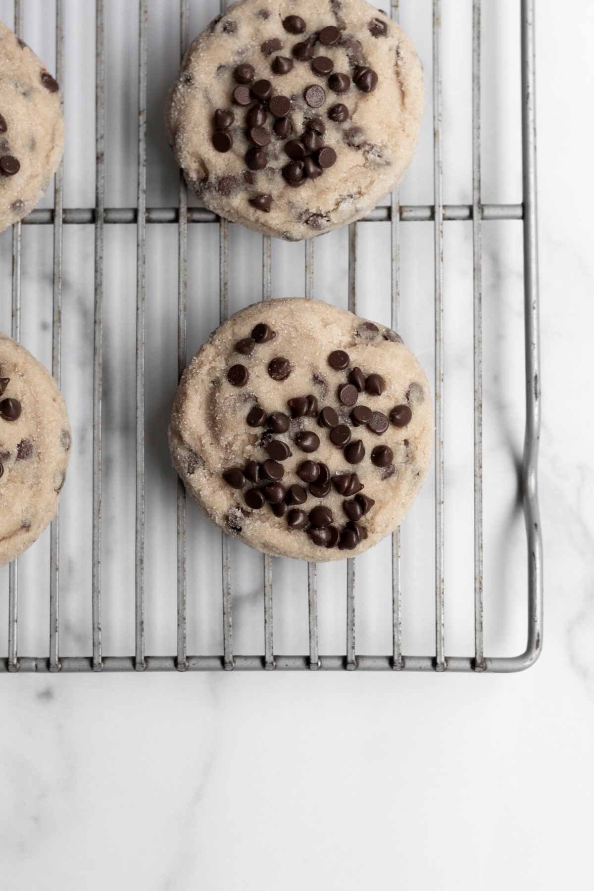 Chocolate Chip Sugar Cookies on a baking rack.