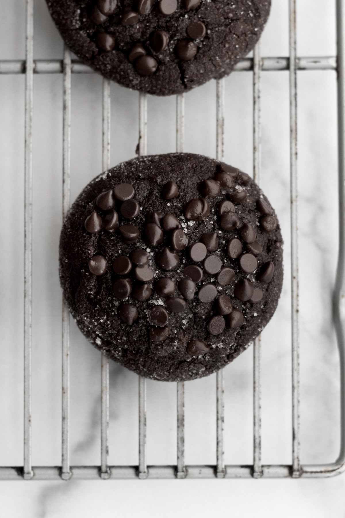 Dark Chocolate Sugar Cookies on a cooling rack.