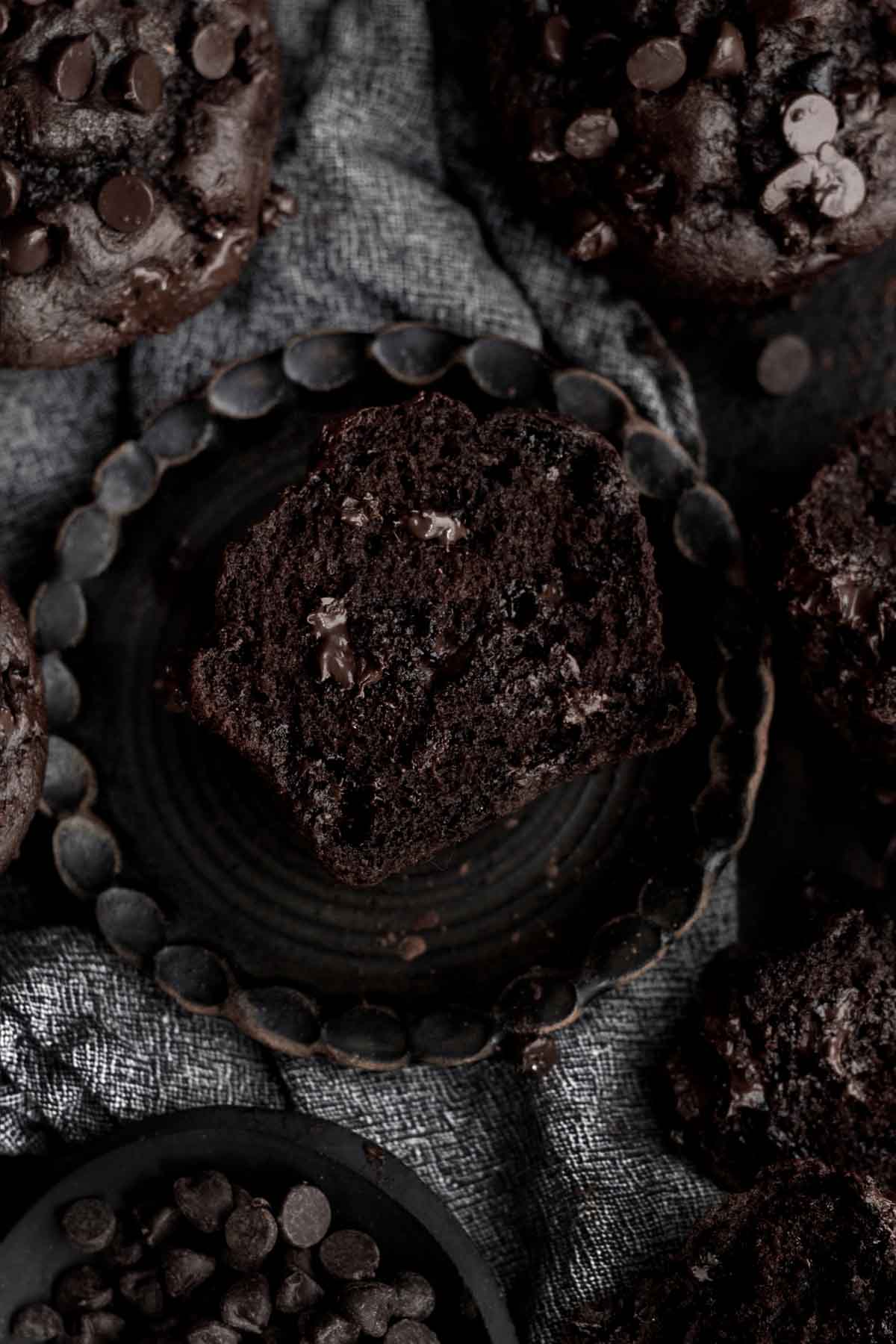 Looking down at a Gluten Free Chocolate Muffin.