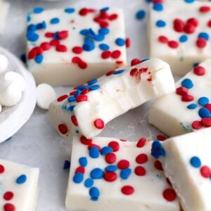White Chocolate Fudge squares with red and blue sprinkles.