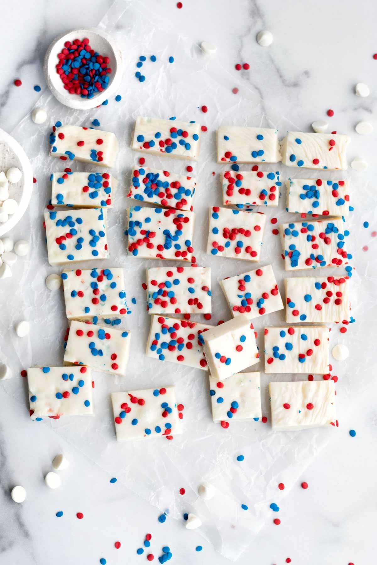 Fudge squares on marble, spaces out resembling a flag.