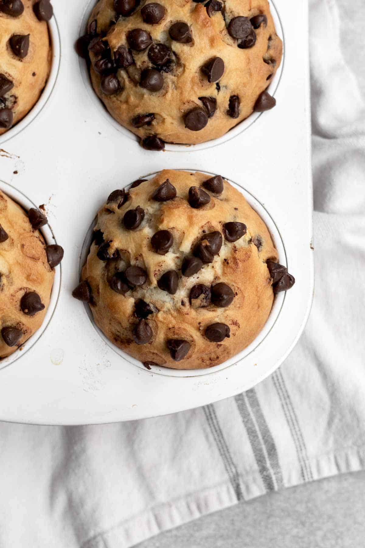 Baked chocolate chip muffins in a muffin tin.