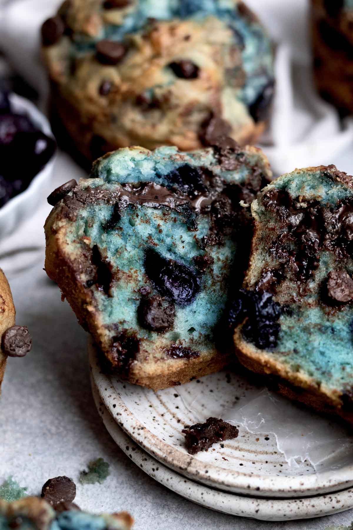 A closer look at the blue cake and melted chocolate insides.