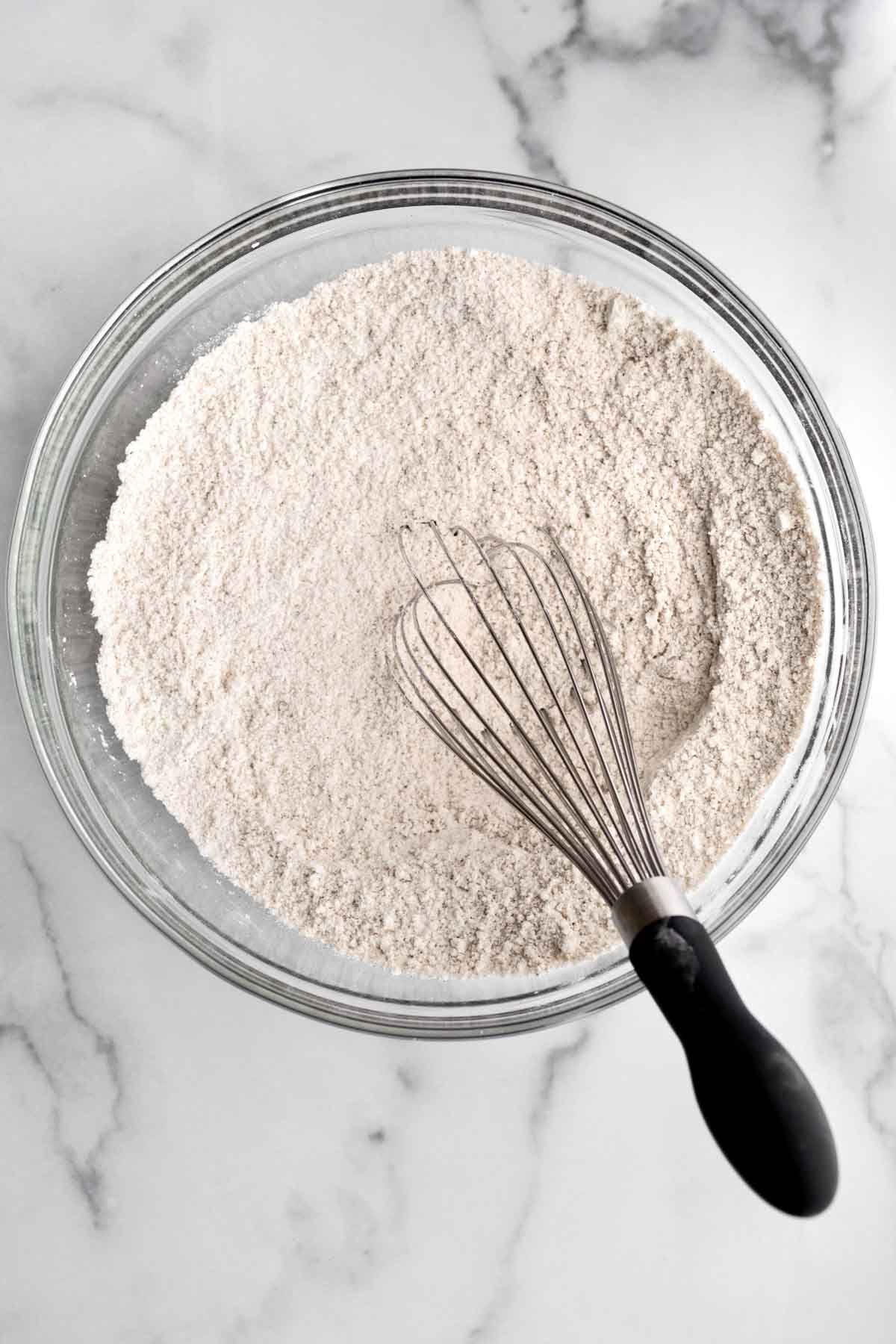 A whisk with the dry ingredients.