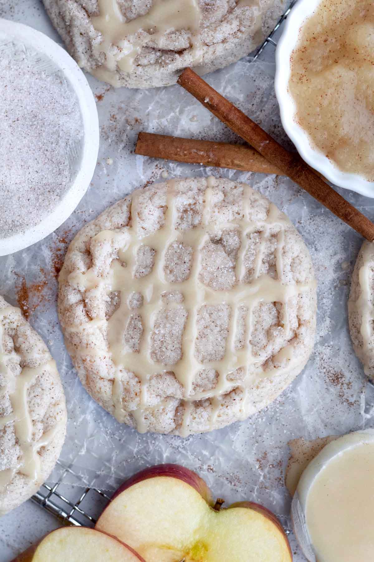 Sugary glaze crosshatched on an Apple Cinnamon Cookie.