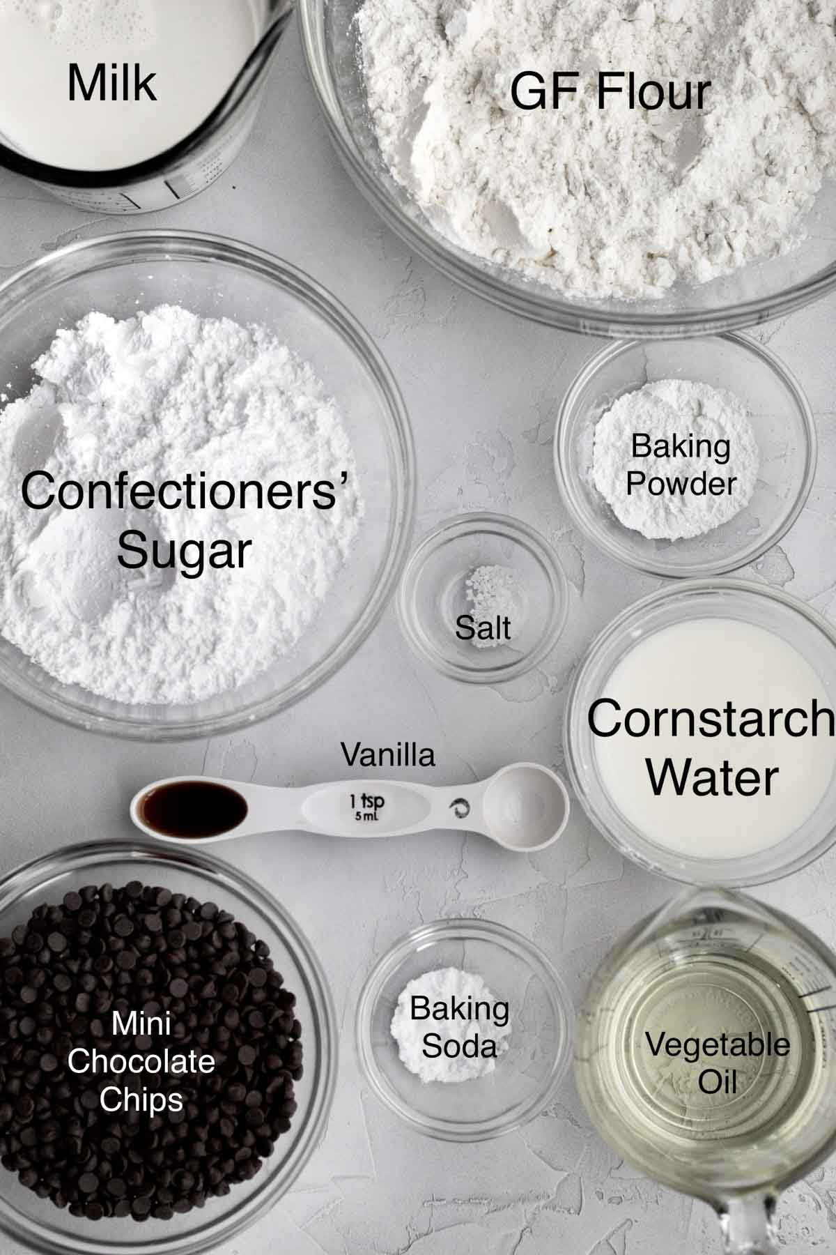 The ingredients for the cupcakes with their text names over it.