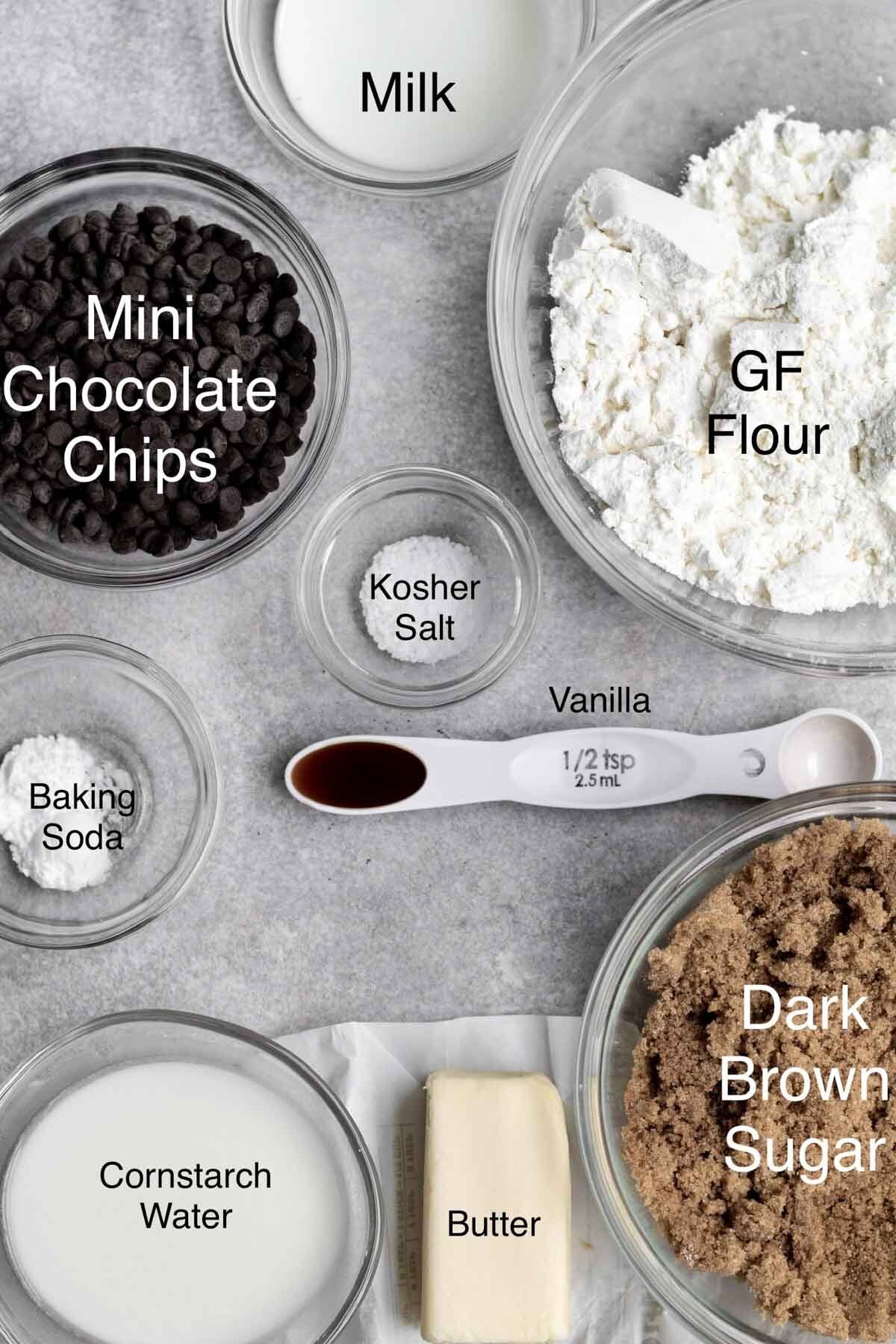All the ingredients in separate bowls with their text names.