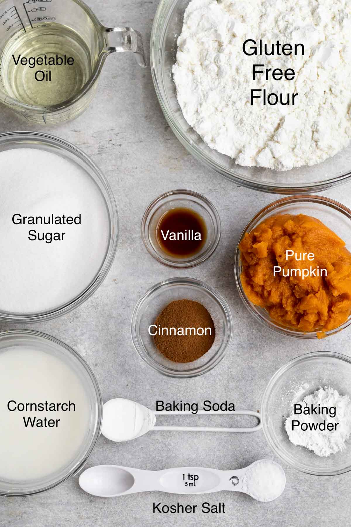 The ingredients for the pumpkin bread with their text names overhead.