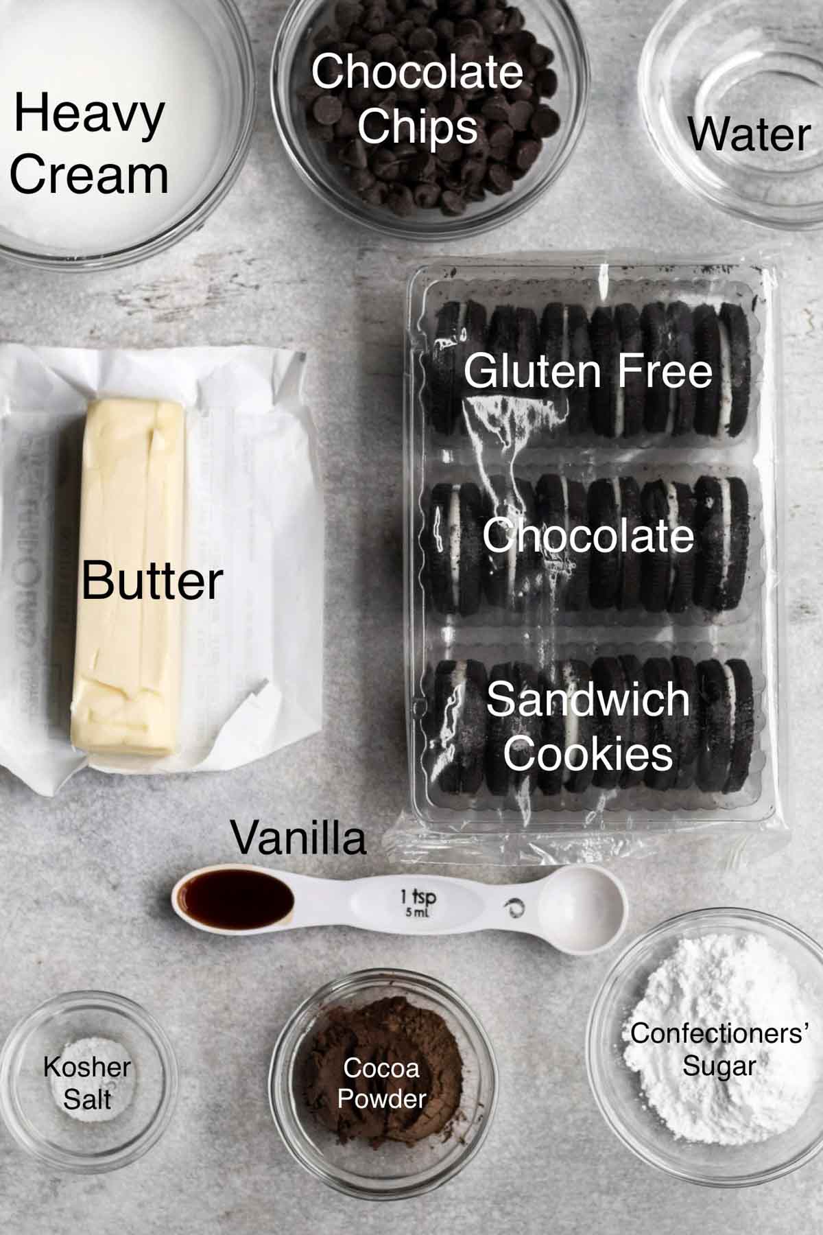 The ingredients for the pie in separate containers with their text names.
