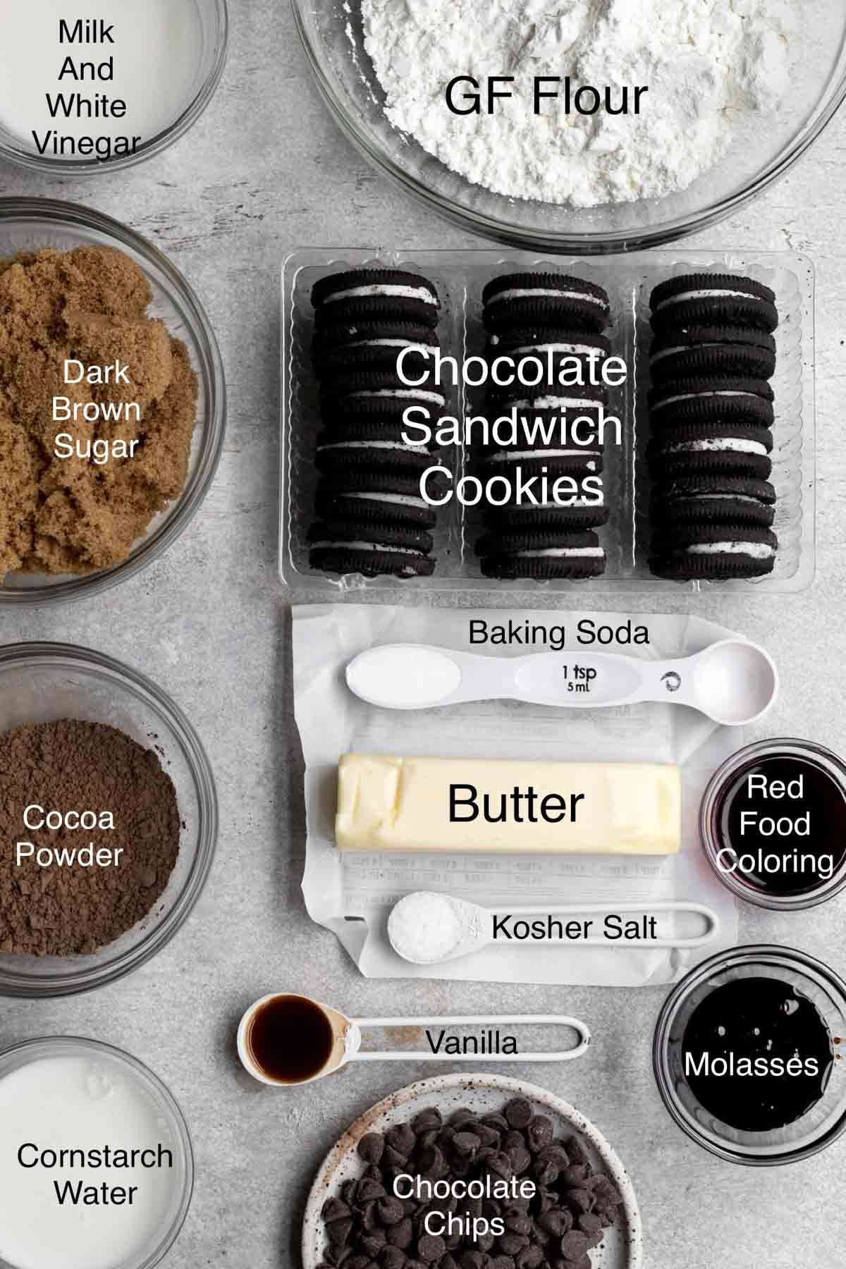 The ingredients for the red velvet oreo cookies with their text names.