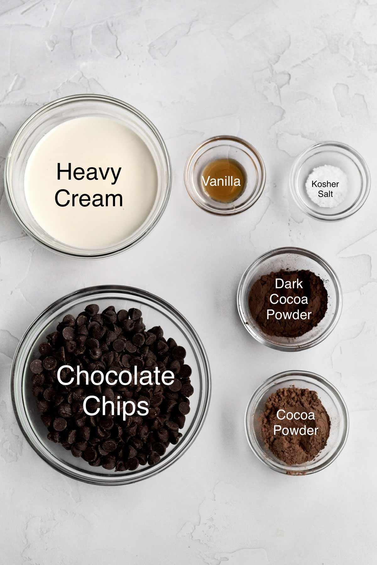 Heavy cream, vanilla, kosher salt, chocolate chips, dark cocoa powder and regular cocoa powder in separate glass bowls.