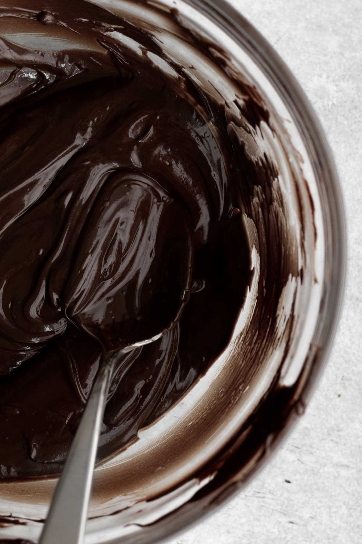 Smooth melted chocolate in a bowl.