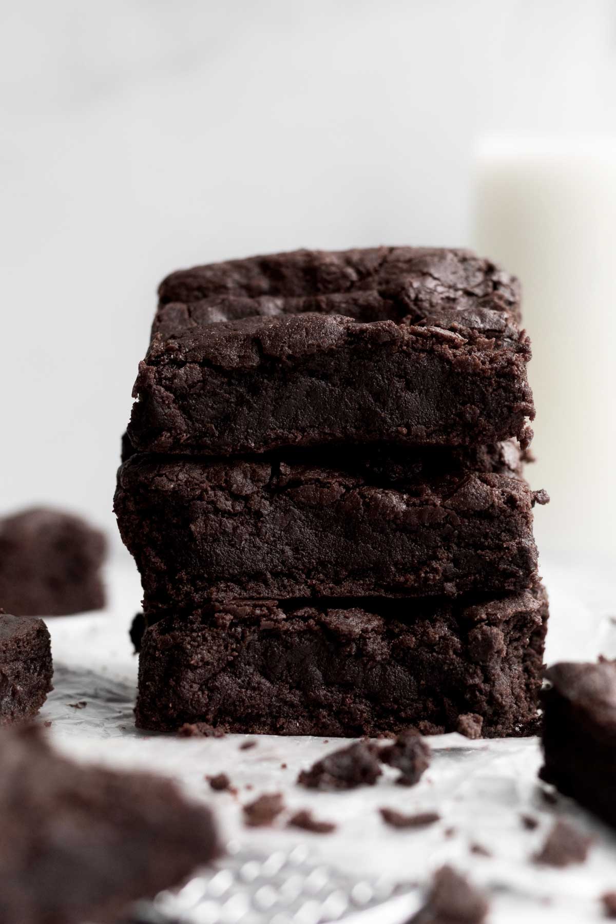A stack of three delicious Eggless Brownie squares.