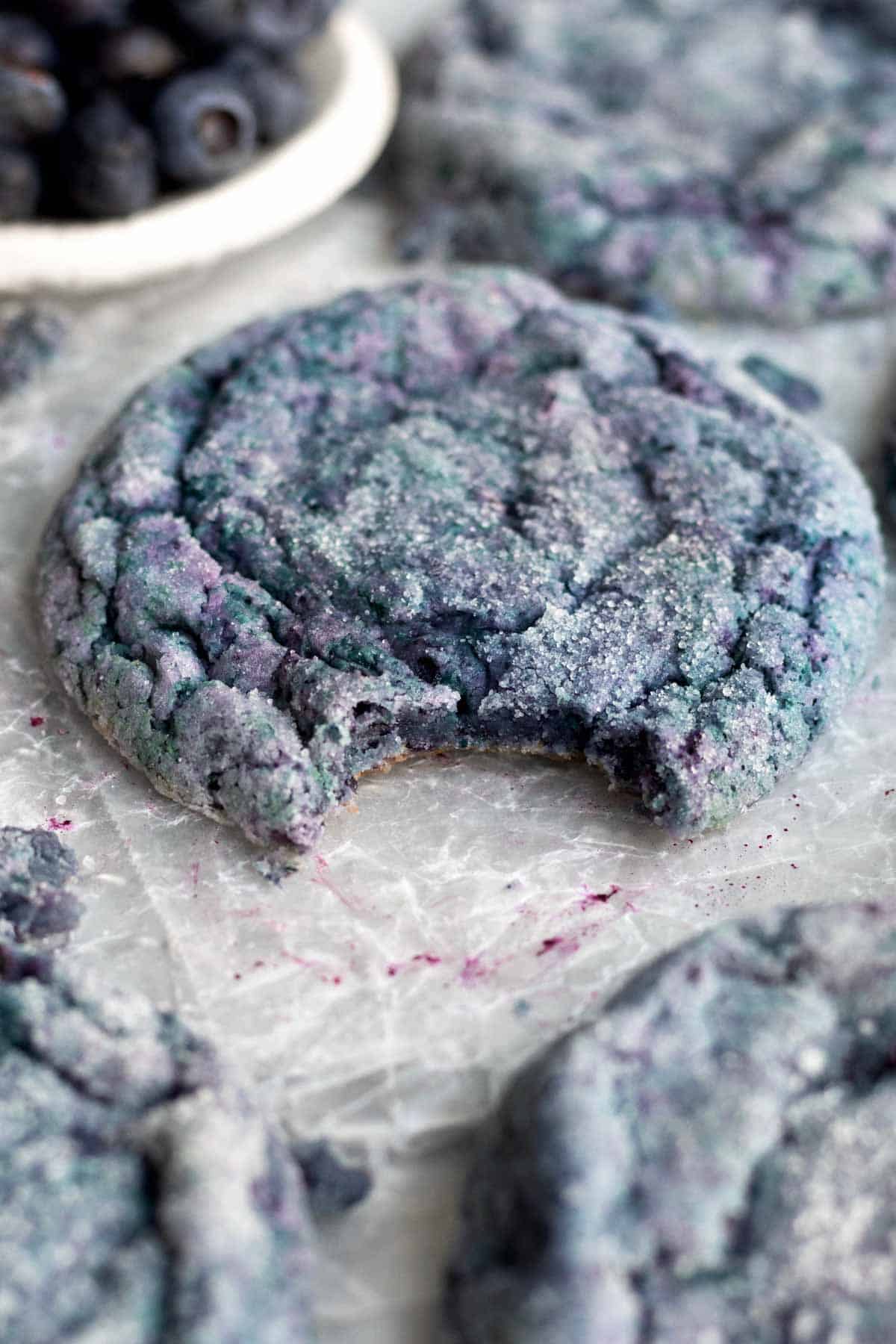 Soft and chewy blueberry sugar cookies with purple and blue highlights.