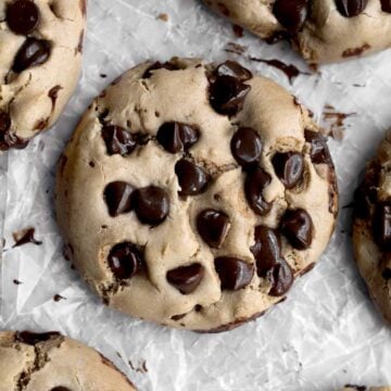 A delicious No Butter Chocolate Chip Cookie, moist and chewy with melted chocolate chips.