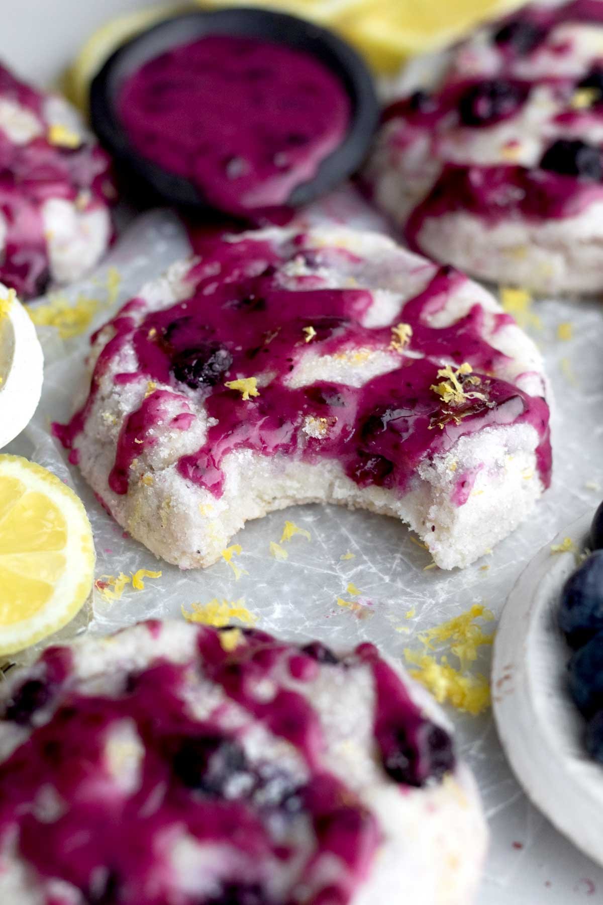 TangyTangy blueberry glaze drizzled on this whiter sugar cookie made with regular frozen blueberries. blueberry glaze drizzled on this cookie made with regular frozen blueberries.