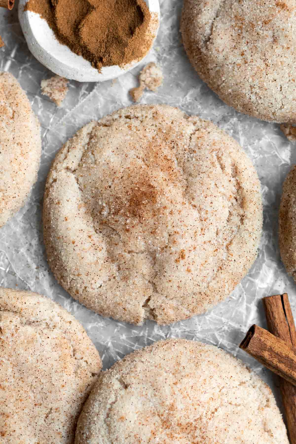A flavorful brown gradient of cinnamon sugar cascades atop these delicious Gluten Free Snickerdoodle Cookies.
