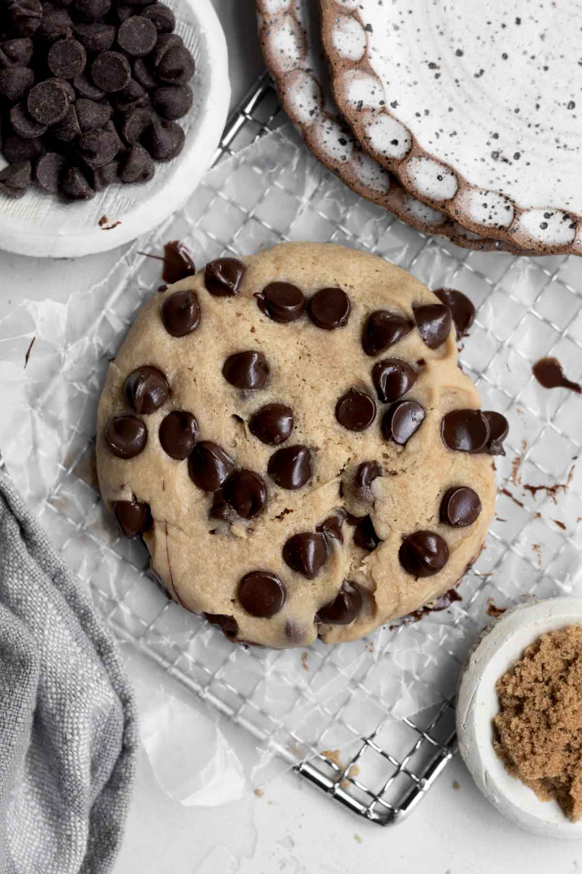 A perfect gluten free Microwave Chocolate Chip Cookie with delicious slightly melted chocolate chips.