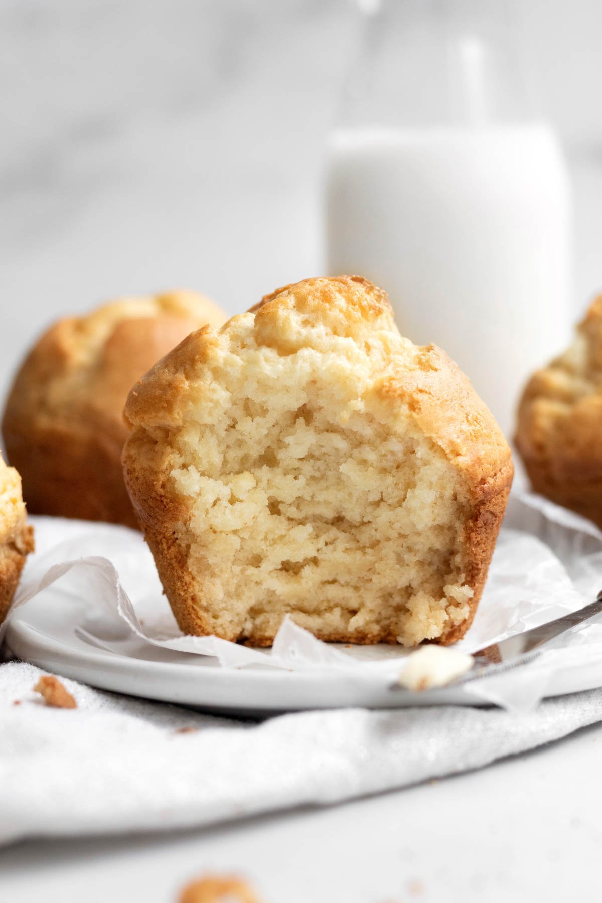 A perfect bite reveals the tender moist lightly colored crumb of the Vanilla Muffin.