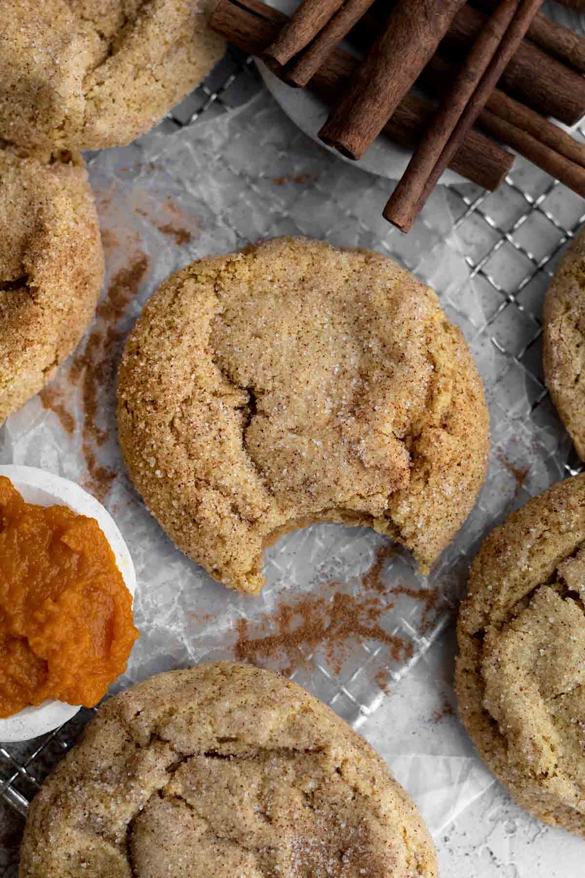 Granulated sugar and flecks of cinnamon dot the landscape of deliciousness of the Pumpkin Snickerdoodle Cookie.